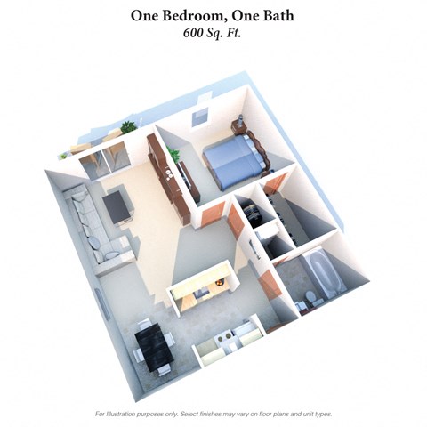 Floor plan for 1 bed, 1 bath, 600 sqft